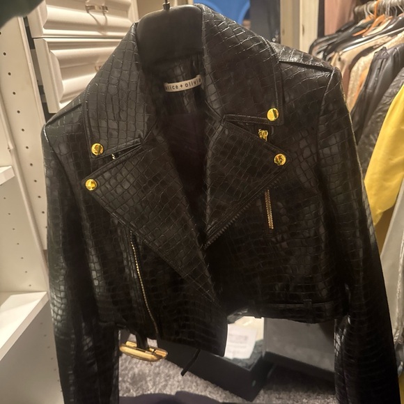 Alice + Olivia Black Croc-Pattern Leather Jacket - Picture 4 of 5